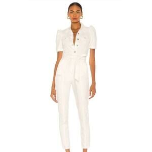 Retrofete Women's Denim Tori Jumpsuit Belted DistressedVintage White Small